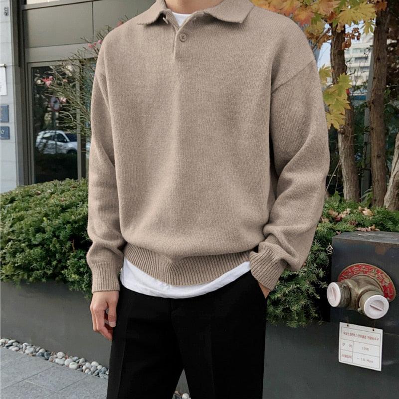 Men’s Polo Sweater – Relaxed Fit – Buttoned Collar – Ribbed Hem and Cuffs