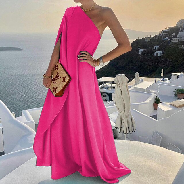 Women’s Evening Gown – One-Shoulder – Floor-Length – Draped A-Line Formal Dress