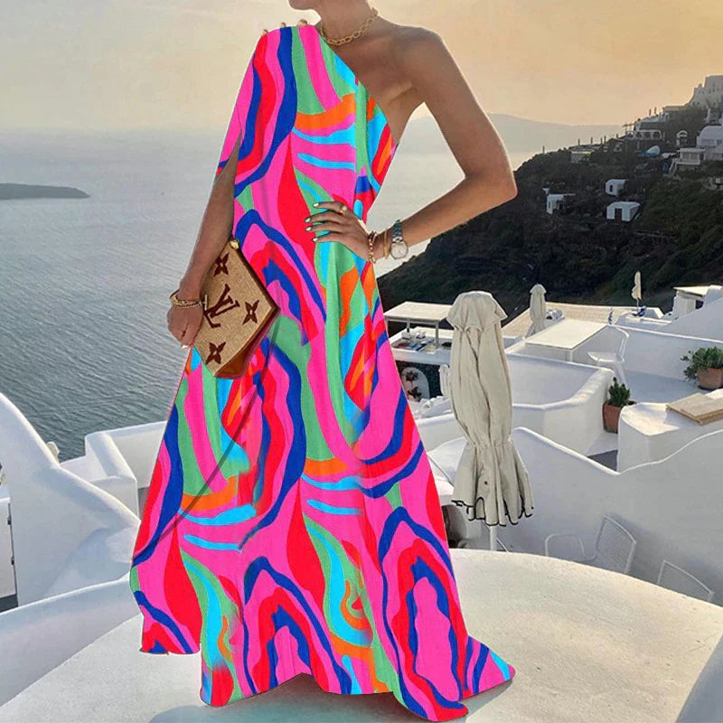 Women’s Evening Gown – One-Shoulder – Floor-Length – Draped A-Line Formal Dress
