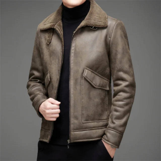 Men’s Leather Jacket – Structured Fit – Fleece-Lined Collar – Zip Front – Waist Length