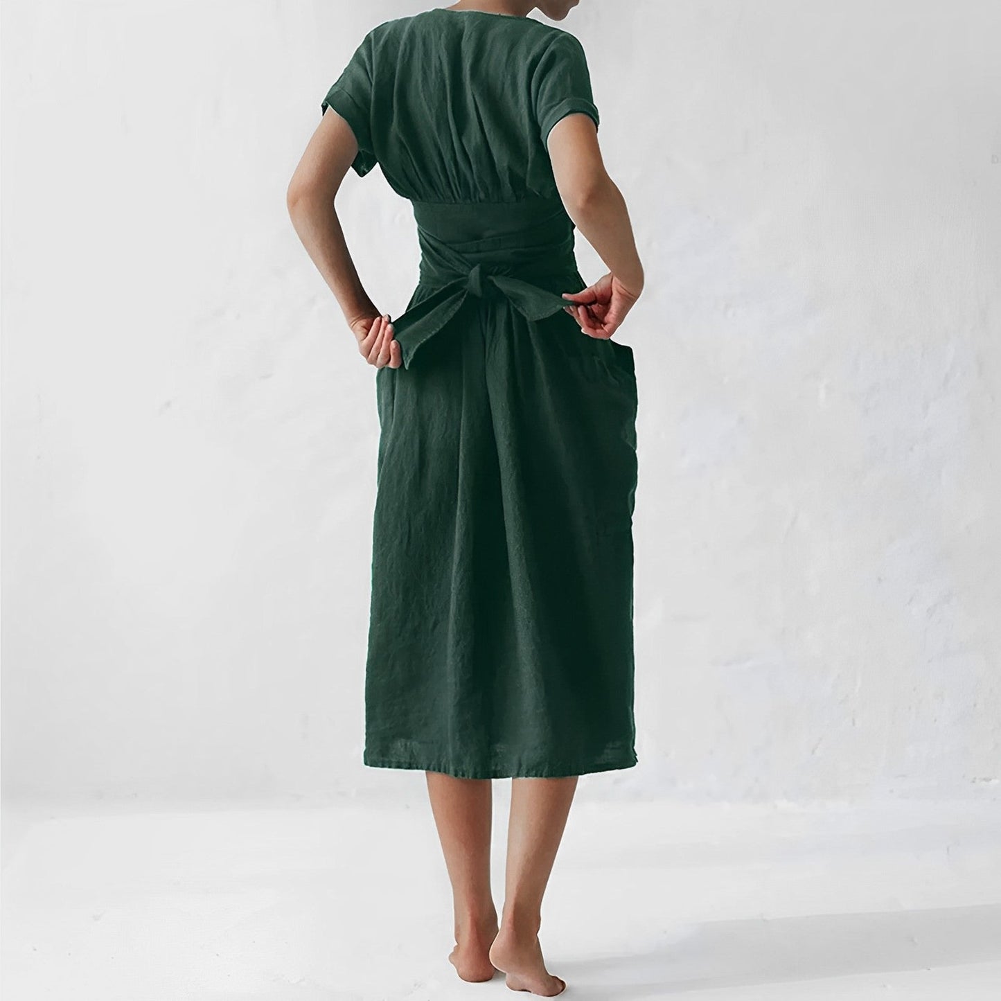 Women's Wrap Dress - Lightweight Breathable Fabric - Midi Length - Short Sleeves - Tie Waist