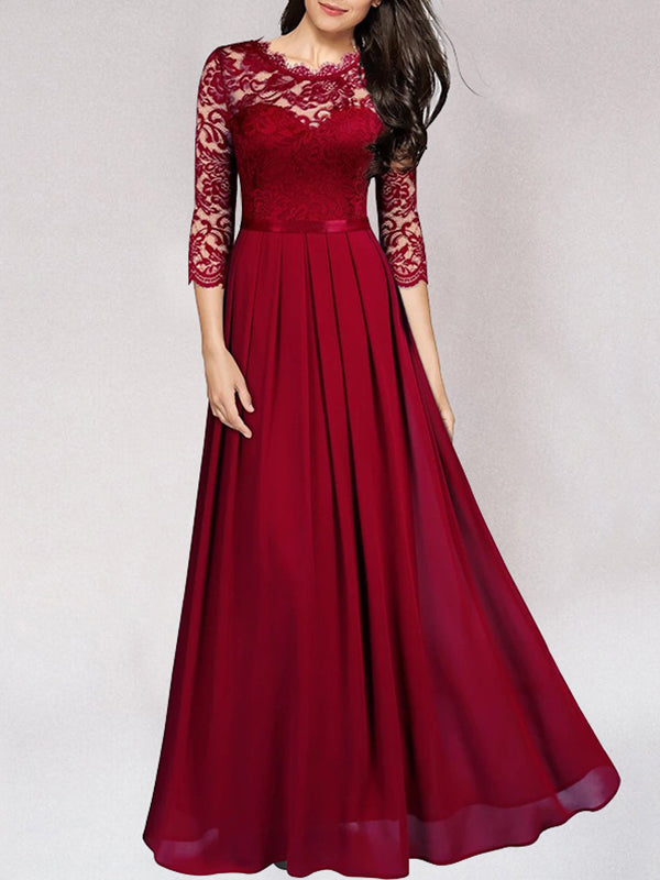 Women’s Evening Gown - Lace Bodice - A-Line Fit - Illusion Neckline - 3/4 Sleeve