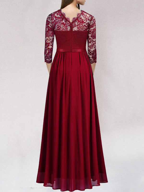 Women’s Evening Gown - Lace Bodice - A-Line Fit - Illusion Neckline - 3/4 Sleeve