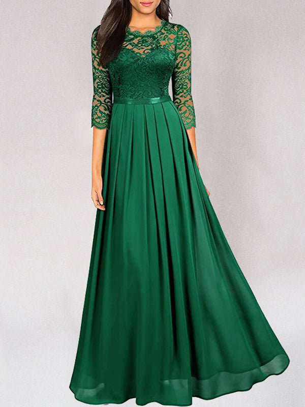 Women’s Evening Gown - Lace Bodice - A-Line Fit - Illusion Neckline - 3/4 Sleeve