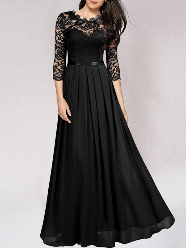 Women’s Evening Gown - Lace Bodice - A-Line Fit - Illusion Neckline - 3/4 Sleeve
