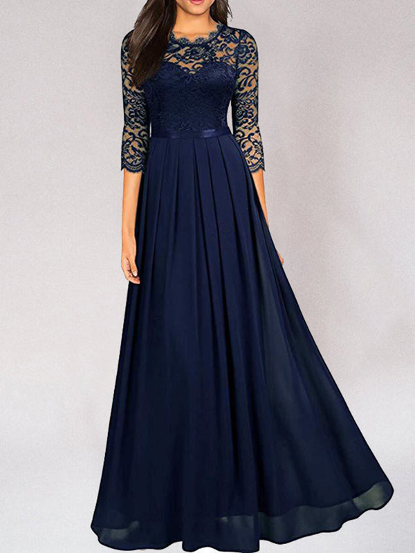 Women’s Evening Gown - Lace Bodice - A-Line Fit - Illusion Neckline - 3/4 Sleeve