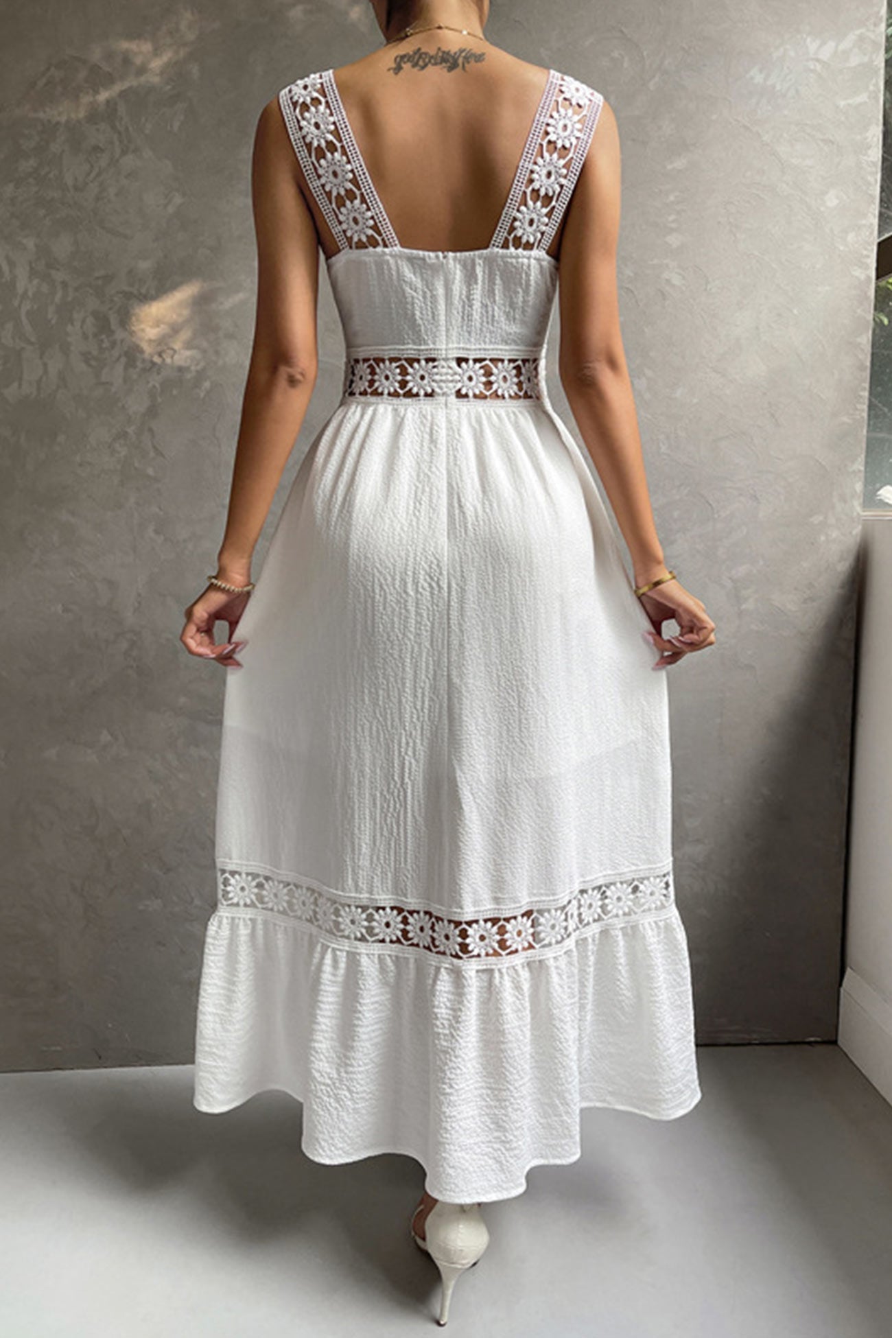 Women's Midi Dress - Square Neck - Lace Strap Detail - Fitted Bodice - Flowy Ruffle Hem