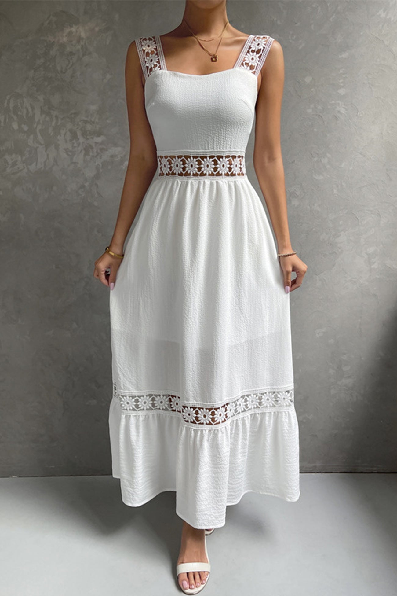 Women's Midi Dress - Square Neck - Lace Strap Detail - Fitted Bodice - Flowy Ruffle Hem