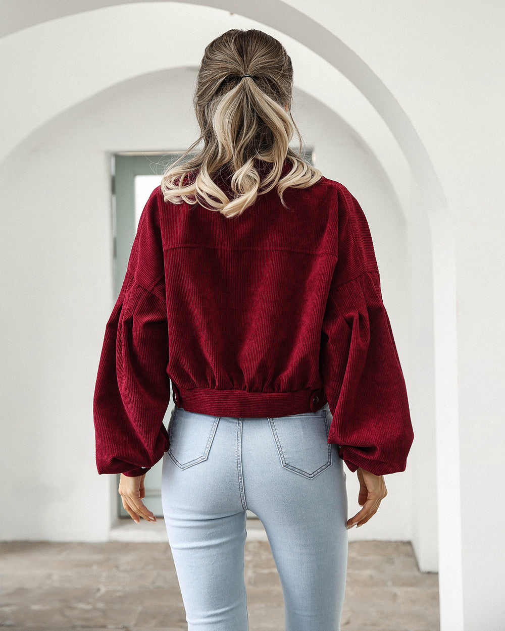 Women’s Cropped Jacket – Corduroy – Oversized Fit – Balloon Sleeves – Chest Pockets