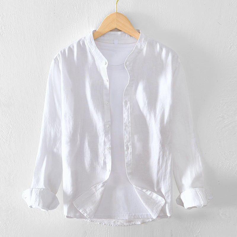 Men’s Button-Up Shirt - Linen Cotton Blend - Band Collar - Long Sleeve Relaxed Fit