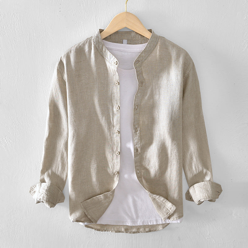 Men’s Button-Up Shirt - Linen Cotton Blend - Band Collar - Long Sleeve Relaxed Fit