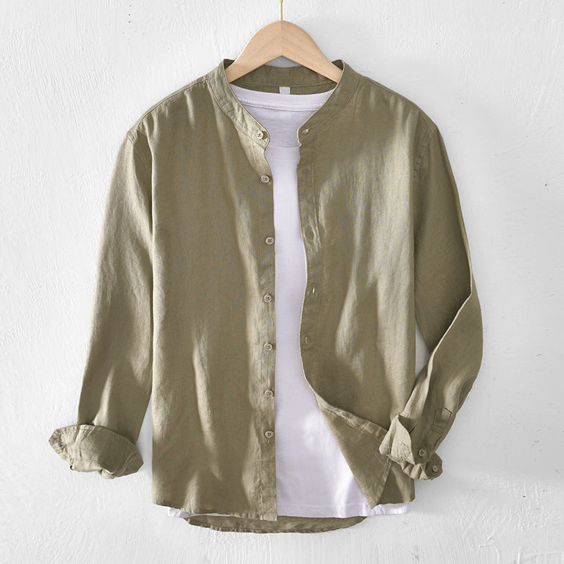 Men’s Button-Up Shirt - Linen Cotton Blend - Band Collar - Long Sleeve Relaxed Fit