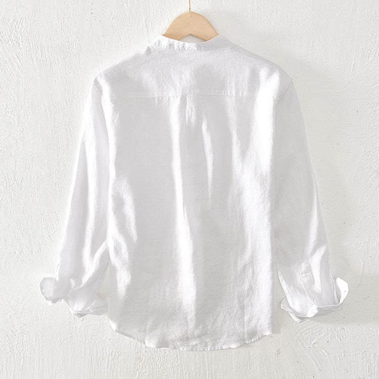 Men’s Button-Up Shirt - Linen Cotton Blend - Band Collar - Long Sleeve Relaxed Fit