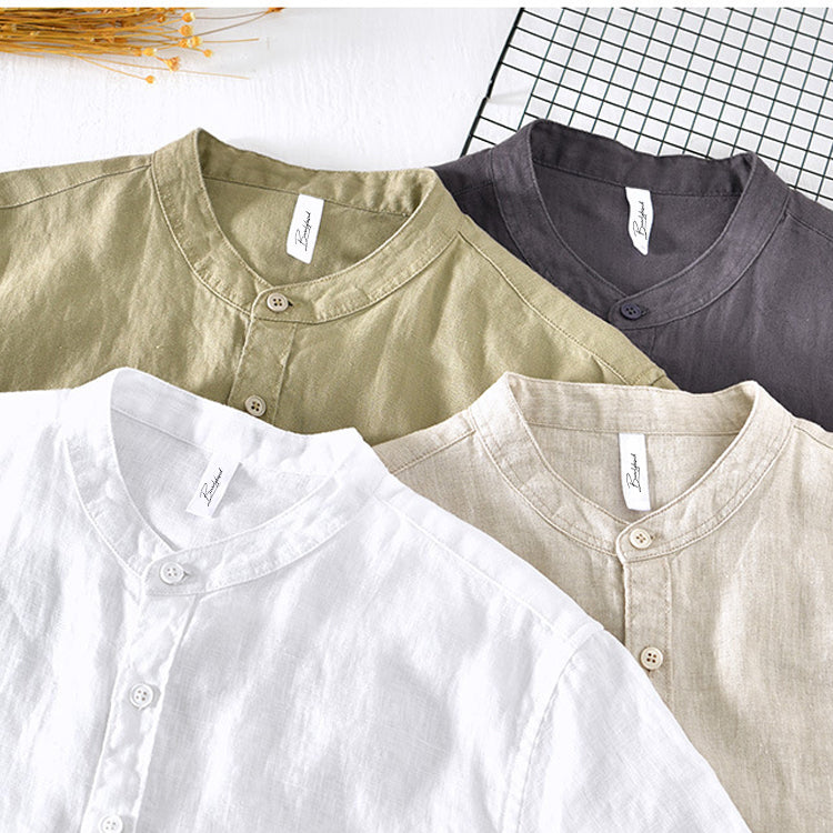 Men’s Button-Up Shirt - Linen Cotton Blend - Band Collar - Long Sleeve Relaxed Fit