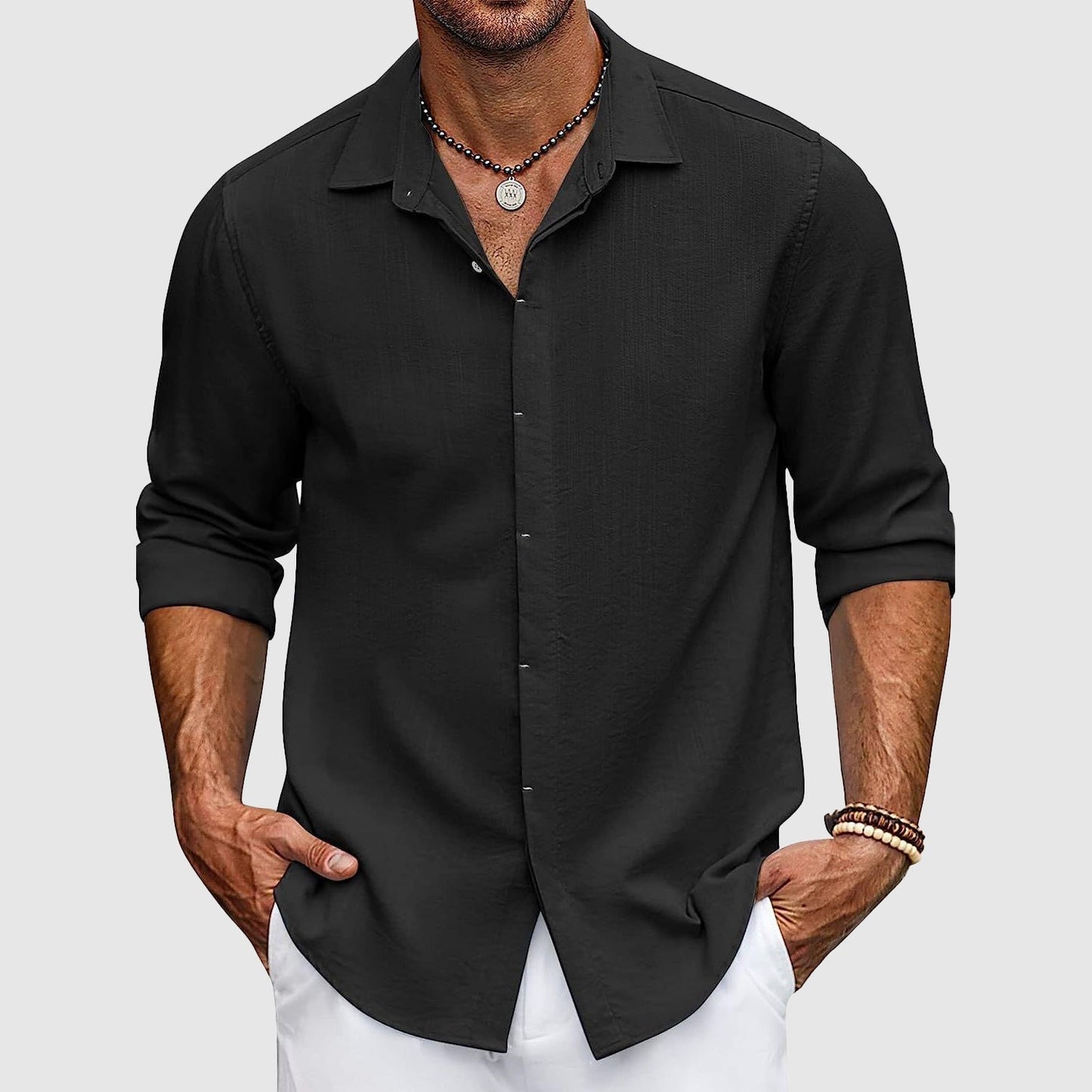 Men’s Button-Up Shirt - Lightweight Cotton - Tailored Fit - Long Sleeve Casual Wear