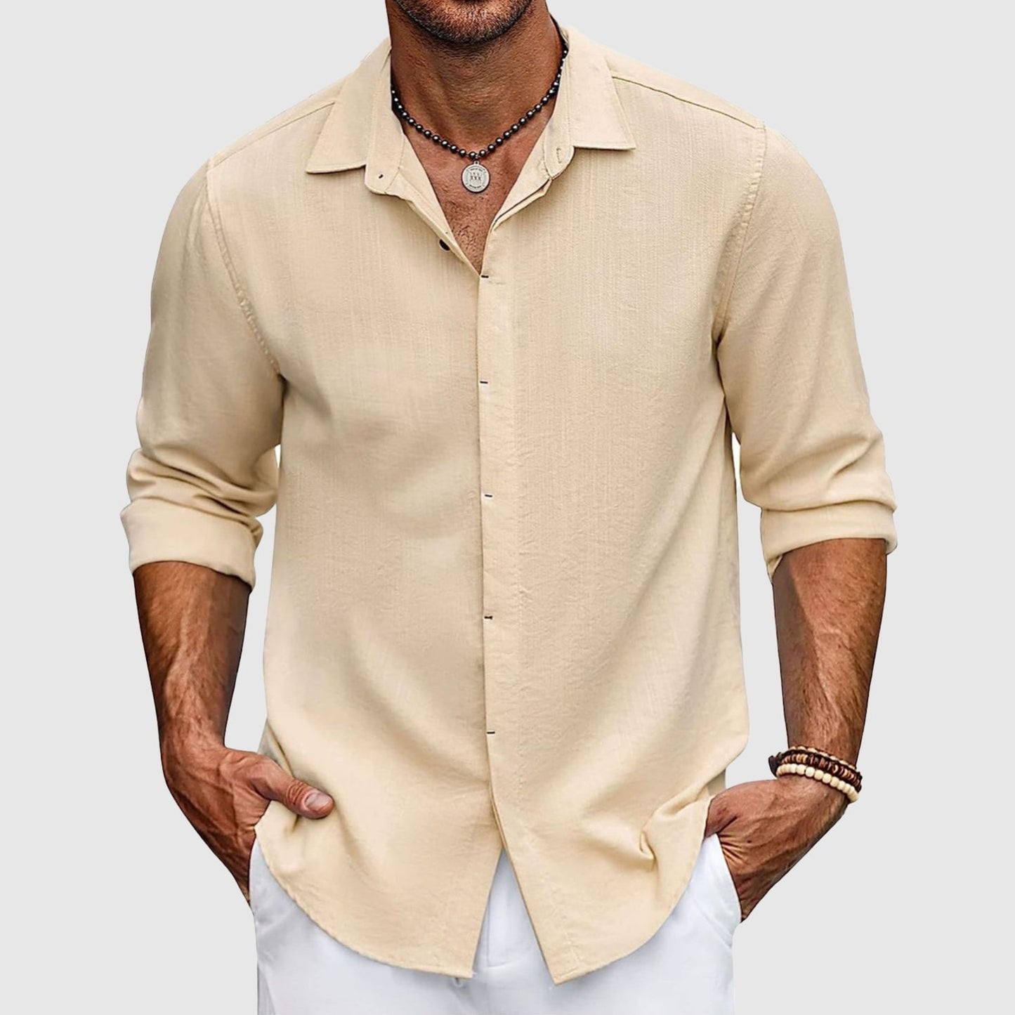 Men’s Button-Up Shirt - Lightweight Cotton - Tailored Fit - Long Sleeve Casual Wear