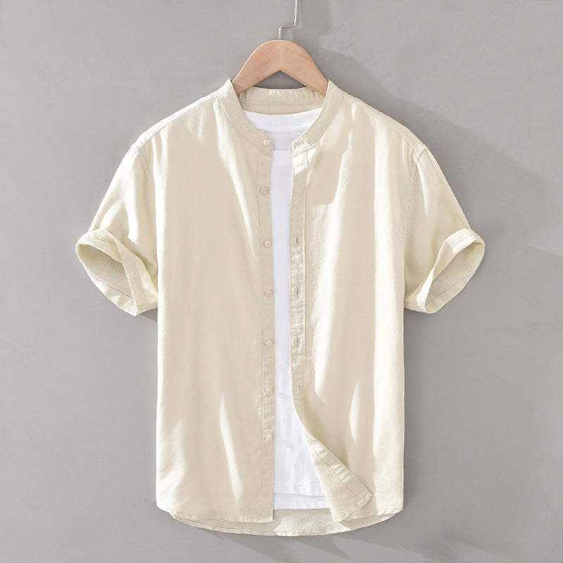 Men’s Button-Down Shirt - Breathable Linen - Short Sleeve - Mandarin Collar Casual Fit