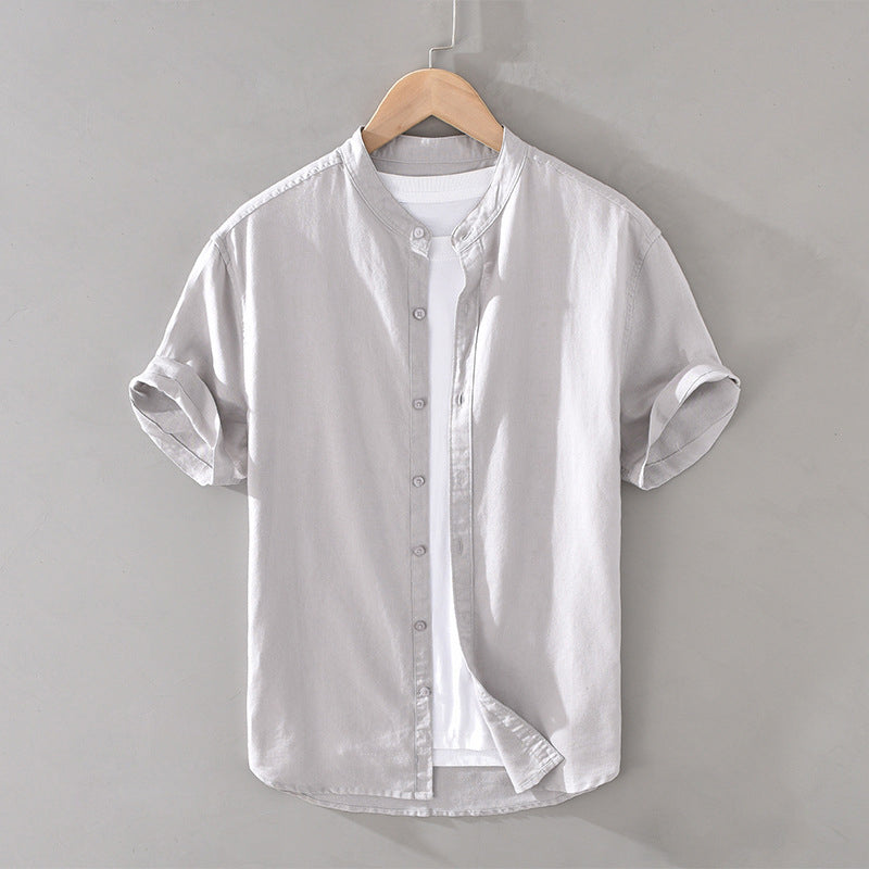 Men’s Button-Down Shirt - Breathable Linen - Short Sleeve - Mandarin Collar Casual Fit
