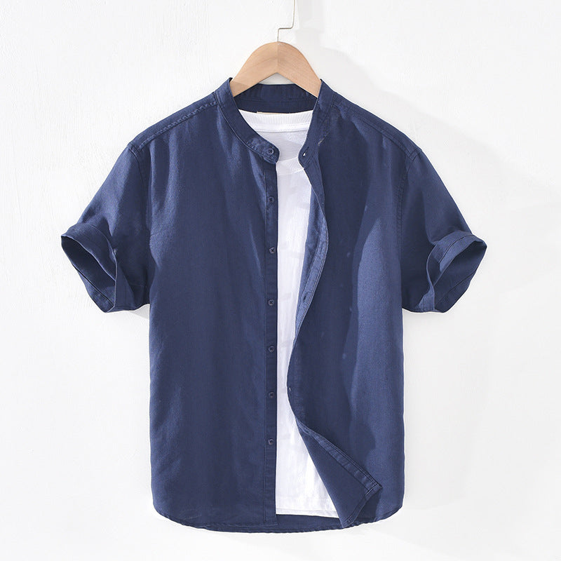Men’s Button-Down Shirt - Breathable Linen - Short Sleeve - Mandarin Collar Casual Fit