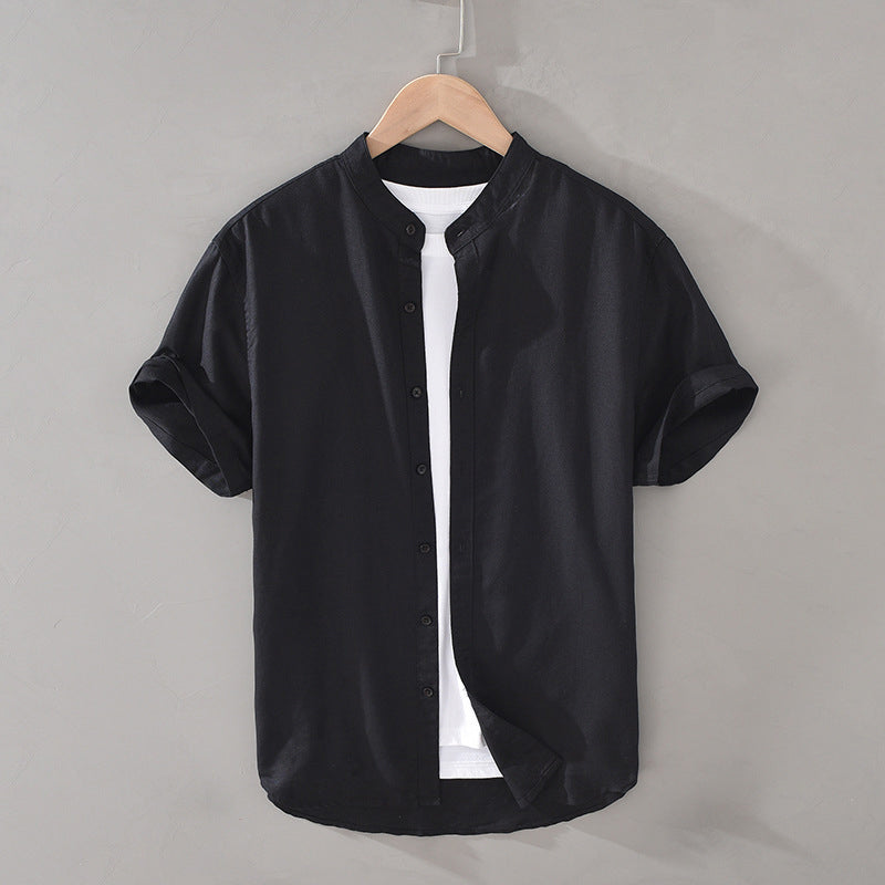 Men’s Button-Down Shirt - Breathable Linen - Short Sleeve - Mandarin Collar Casual Fit