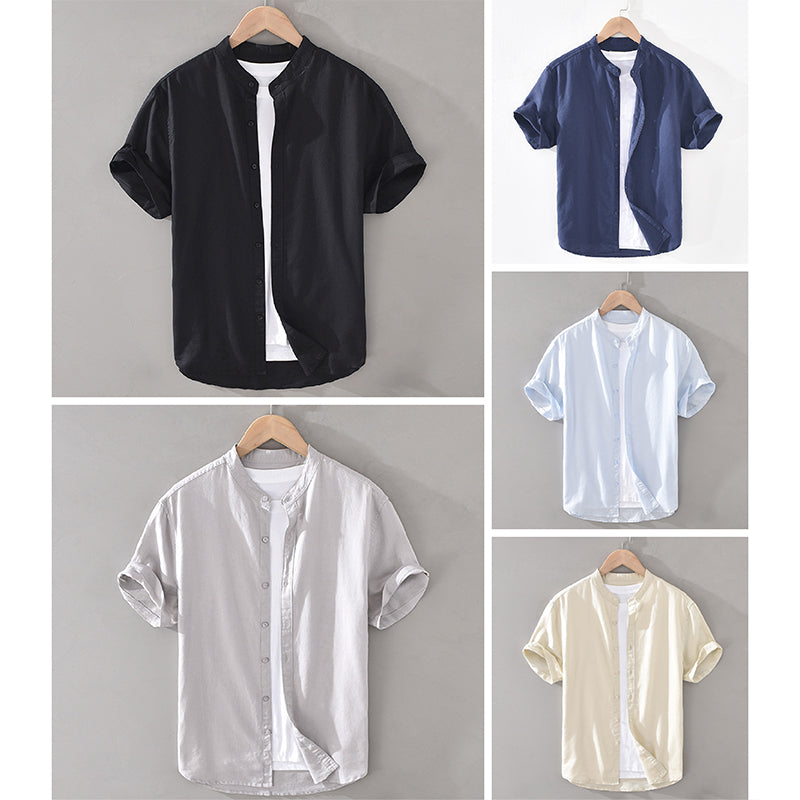 Men’s Button-Down Shirt - Breathable Linen - Short Sleeve - Mandarin Collar Casual Fit