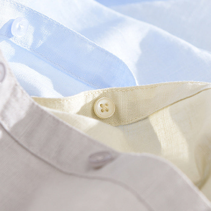 Men’s Button-Down Shirt - Breathable Linen - Short Sleeve - Mandarin Collar Casual Fit
