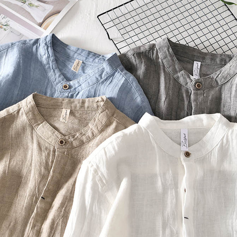 Men's Button-Up Shirt - Linen Blend - Mandarin Collar - Relaxed Fit - Long Sleeve