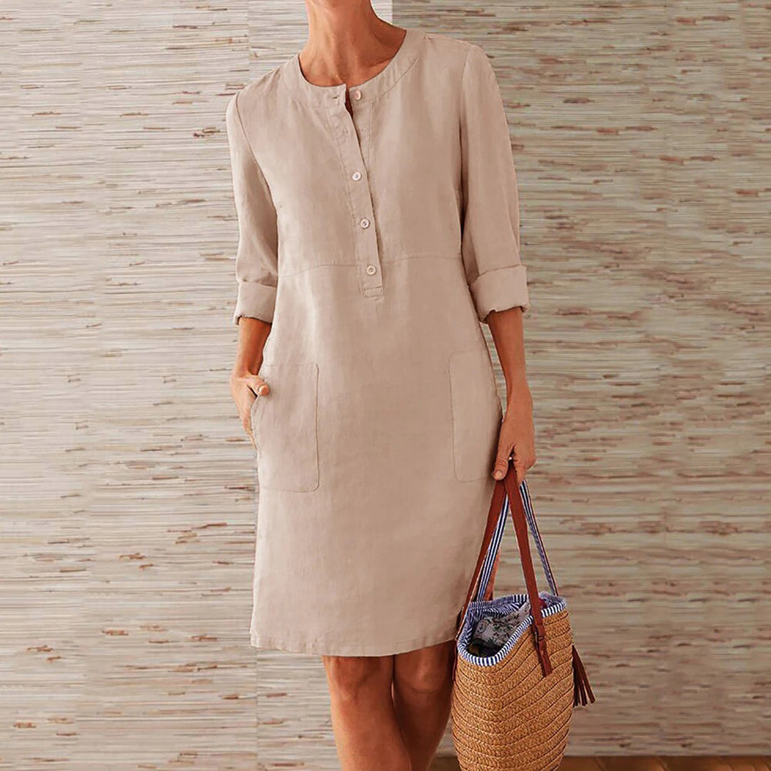 Women's Knee-Length Dress - Relaxed Fit - Button Front - Long Sleeves - Lightweight Fabric