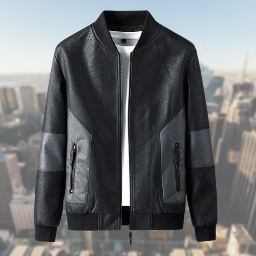Men’s Bomber Jacket - Leather Look - Ribbed Collar & Cuffs - Zip Closure - Modern Fit
