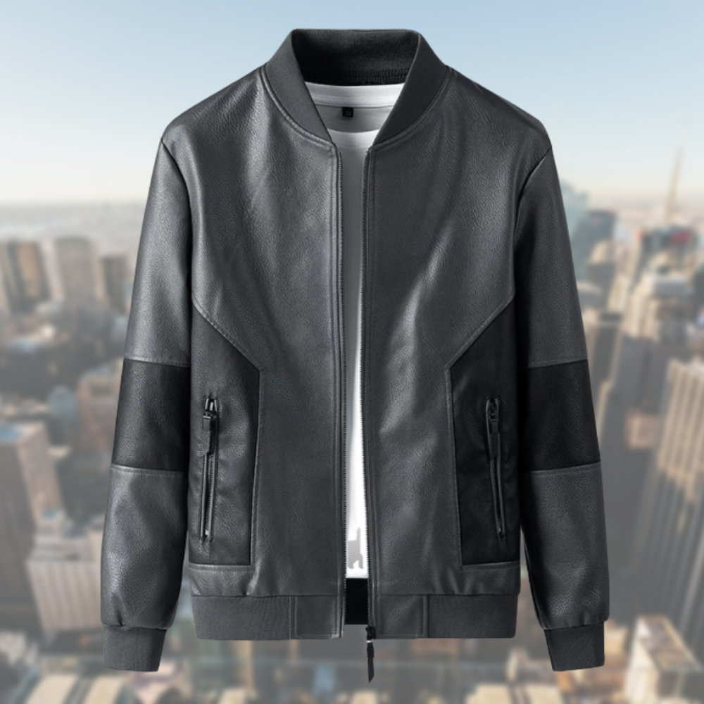 Men’s Bomber Jacket - Leather Look - Ribbed Collar & Cuffs - Zip Closure - Modern Fit