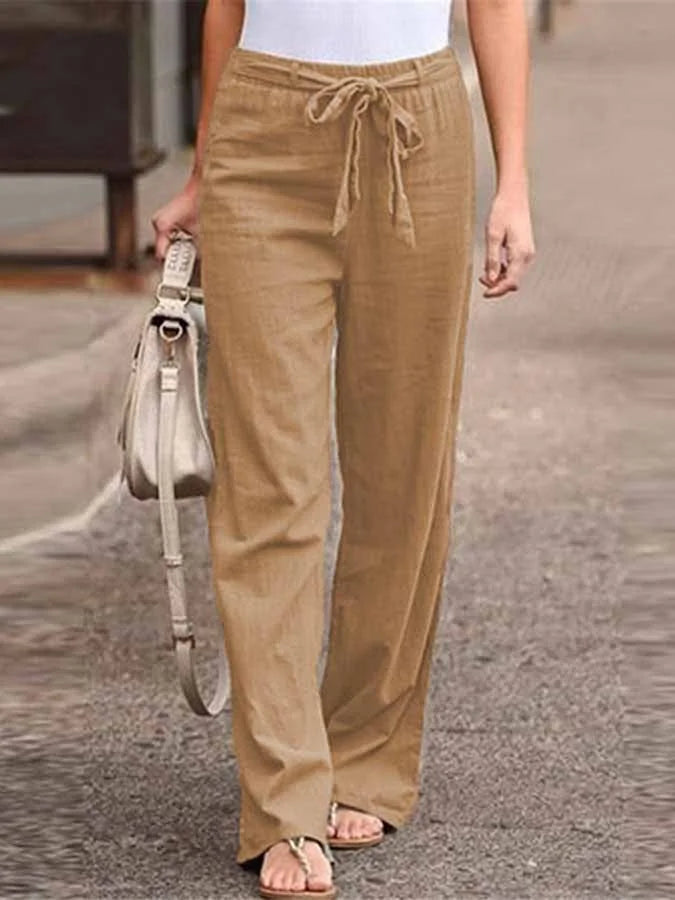 Women’s Wide-Leg Trousers – High Waist – Breathable Blend – Fabric Tie Belt – Full Length