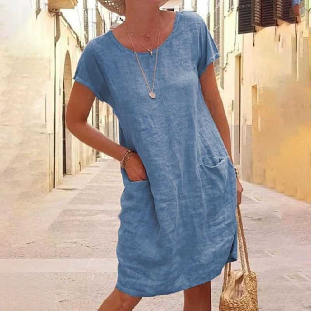 Women's Shirt Dress - Lightweight Linen Blend - Relaxed Fit - Short Sleeve - Knee-Length