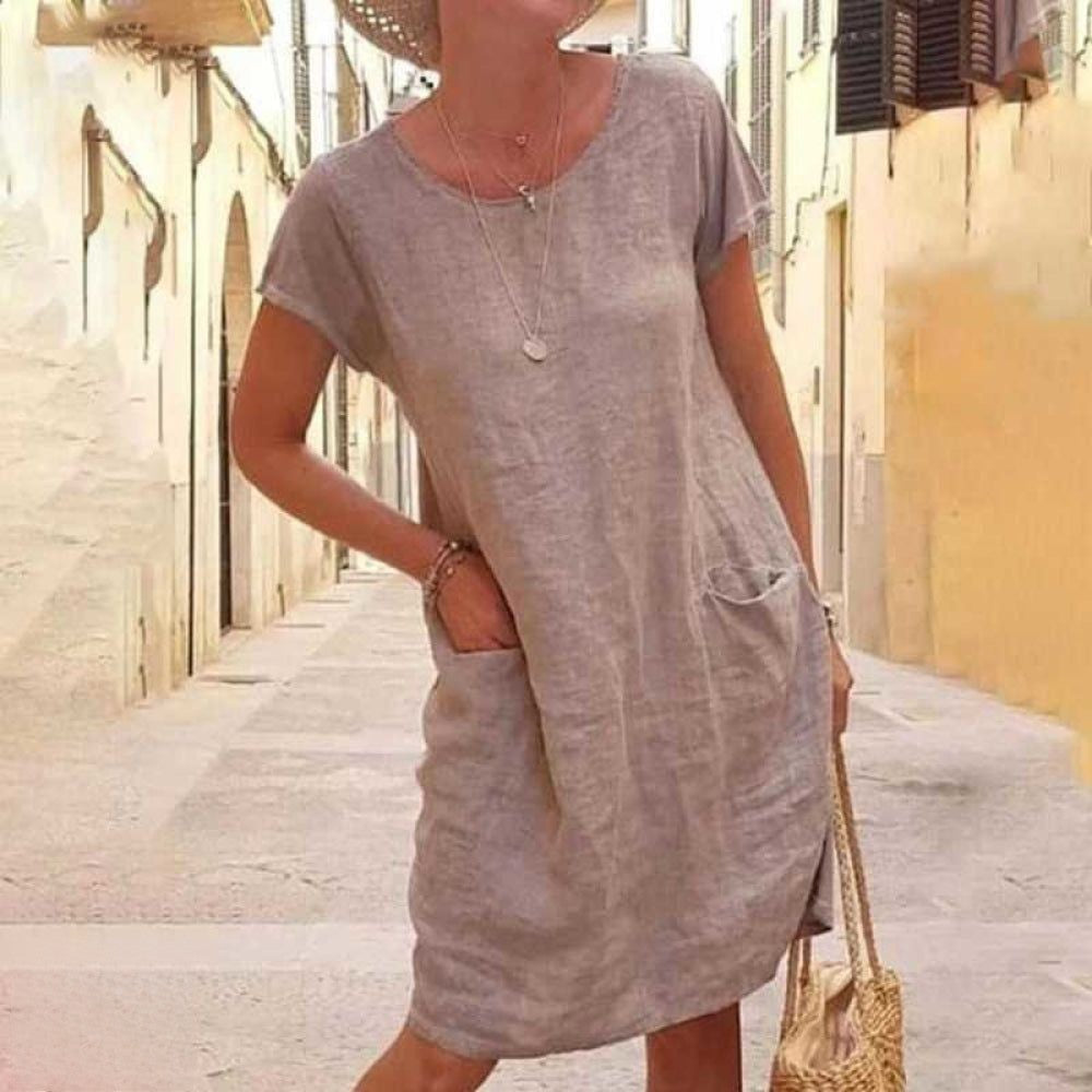 Women's Shirt Dress - Lightweight Linen Blend - Relaxed Fit - Short Sleeve - Knee-Length