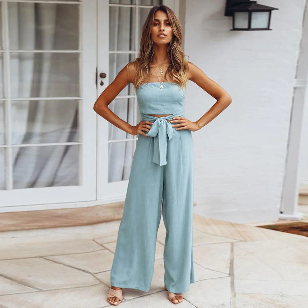 Women's Strapless Jumpsuit - Wide Leg - Tie Waist - Lightweight Flowy Fabric