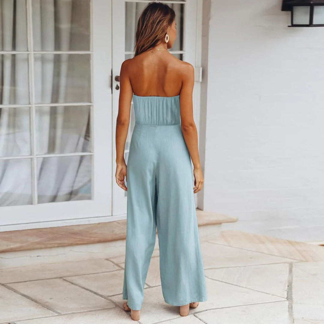Women's Strapless Jumpsuit - Wide Leg - Tie Waist - Lightweight Flowy Fabric