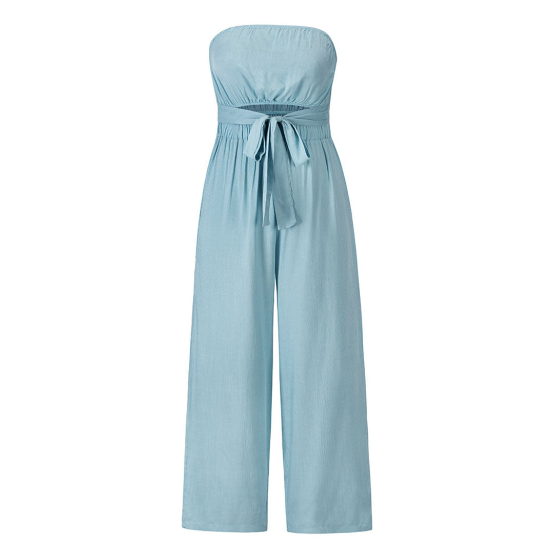Women's Strapless Jumpsuit - Wide Leg - Tie Waist - Lightweight Flowy Fabric