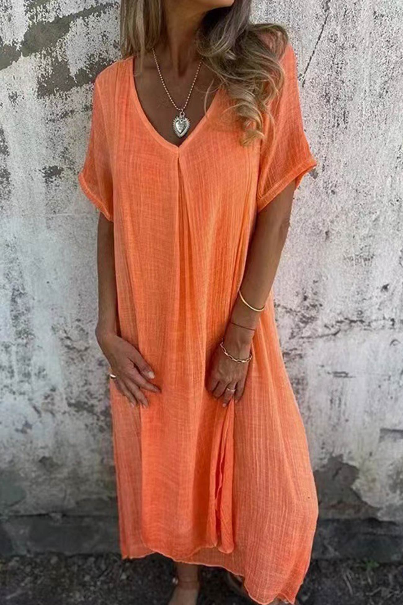 Solid V-Neck Midi Dress with Short Sleeves - Breathable and Lightweight
