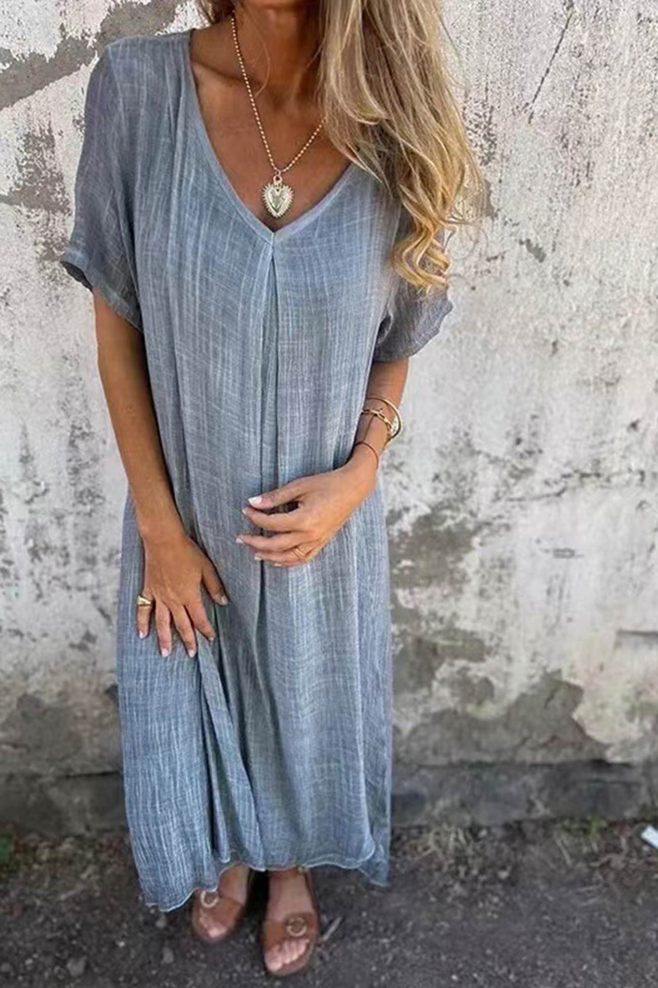 Solid V-Neck Midi Dress with Short Sleeves - Breathable and Lightweight