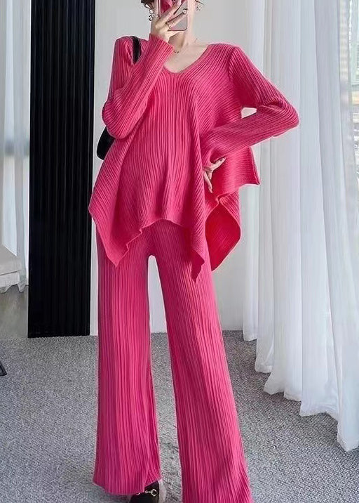 Women's Two-Piece Set - Ribbed Knit - Oversized V-Neck Sweater & Wide-Leg Trousers