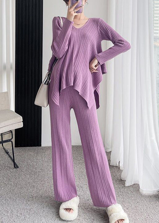 Women's Two-Piece Set - Ribbed Knit - Oversized V-Neck Sweater & Wide-Leg Trousers