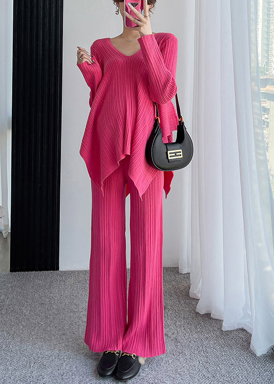 Women's Two-Piece Set - Ribbed Knit - Oversized V-Neck Sweater & Wide-Leg Trousers