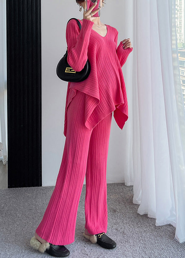 Women's Two-Piece Set - Ribbed Knit - Oversized V-Neck Sweater & Wide-Leg Trousers