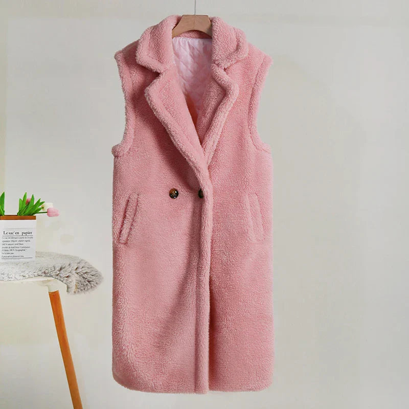 Women’s Sleeveless Coat – Oversized Fit – Plush Teddy Texture – Mid-Length – Wide Lapels