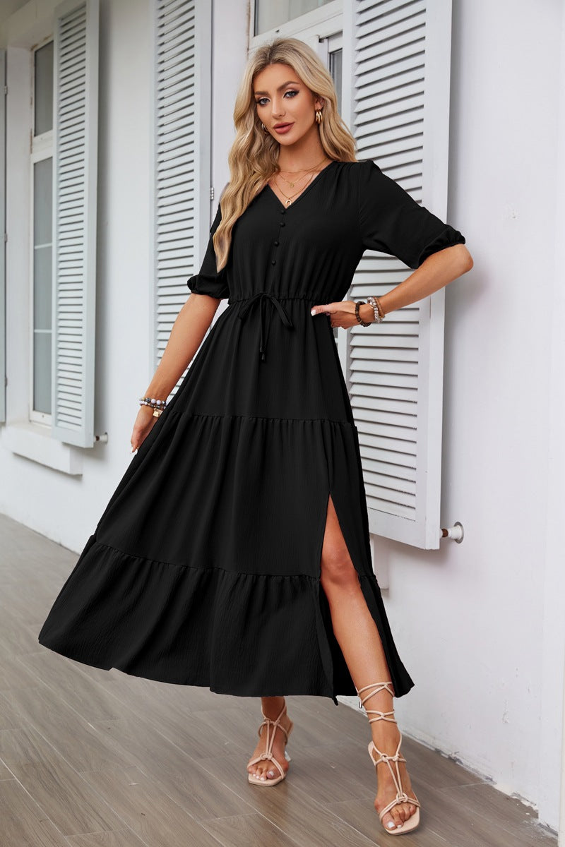 Women’s Maxi Dress – Flowy Tiered A-Line – Puff Sleeve – V-Neck – Cinched Waist – Side Slit