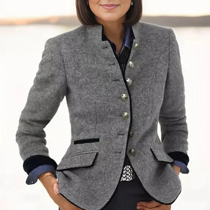 Women’s Formal Jacket – Tailored Fit – Wool Blend – Stand Collar – Decorative Buttons