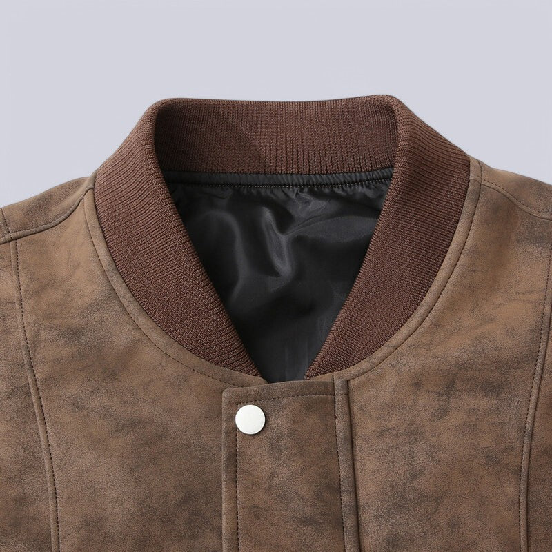 Men’s Leather Jacket – Structured Fit – Zip Front with Snap Placket – Ribbed Trim