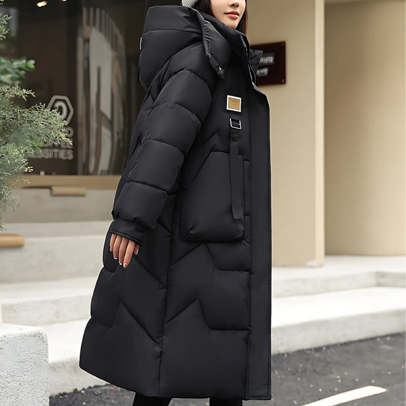 Women’s Long Trench Coat – Oversized Relaxed Fit – Quilted Padded – Hooded – High Collar