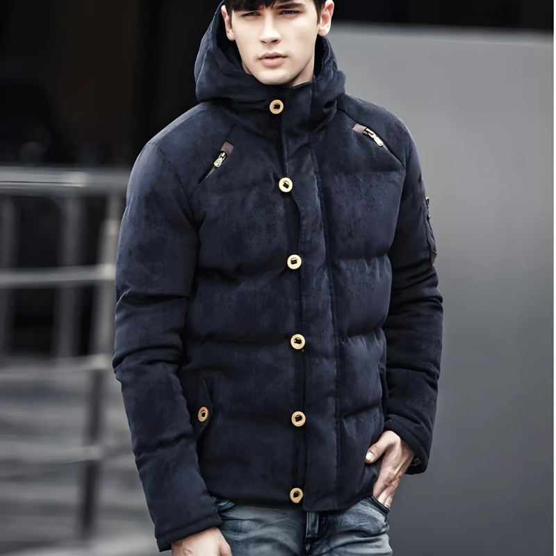 Men’s Padded Coat – Relaxed Fit – Insulated – Zip & Button Closure – High Collar