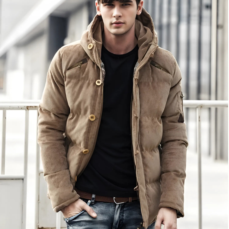 Men’s Padded Coat – Relaxed Fit – Insulated – Zip & Button Closure – High Collar