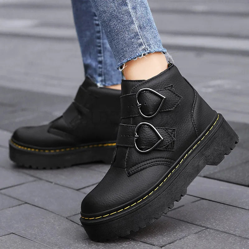 Women’s Ankle Boots – Chunky Sole – Heart Buckle Straps – Structured Fit